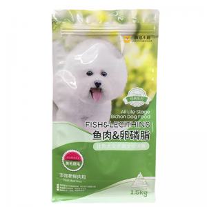 ອາຫານຫມາ 1.5kg ການອອກແບບໃຫມ່ Flat Bottom Pouch Square bottom custom PET plastic zipper dog food pet packaging