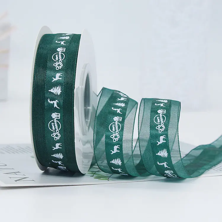 Fanontam-pirinty Polyester Gift Box Ribbon 2.5cm Roll kely 25 metatra Merry Christmas Custom Printed Ribbon