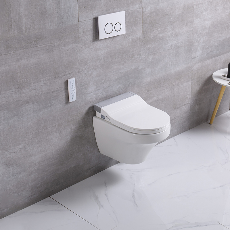 इंटेलिजेंट वॉल हंग सिरेमिक स्मार्ट टॉयलेट बाथरूम ऑटोमॅटिक टॉयलेटसाठी लपविलेल्या कुंडासह