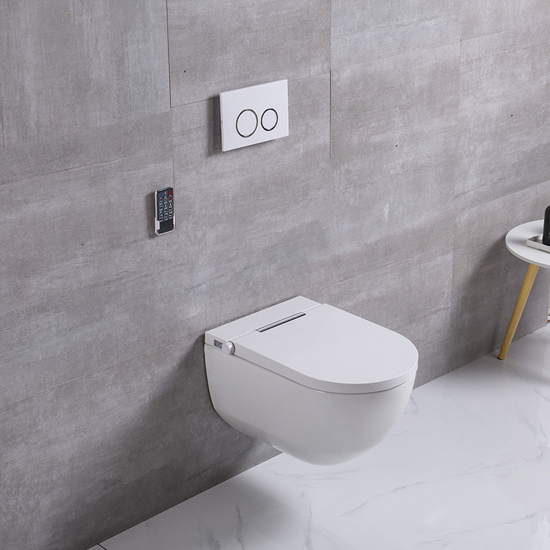 თანამედროვე ჭკვიანი კედელზე ჩამოკიდებული ტუალეტი ძვირადღირებული ინტელექტუალური აბაზანა ავტომატური საპირფარეშო სავარძლების გათბობით