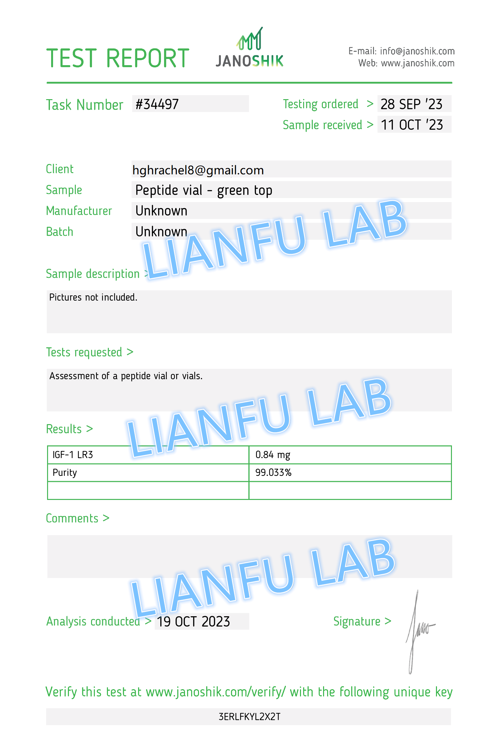 Lianfu IGF-1 LR3 Test Report 19, Oct-99.033% тазалык