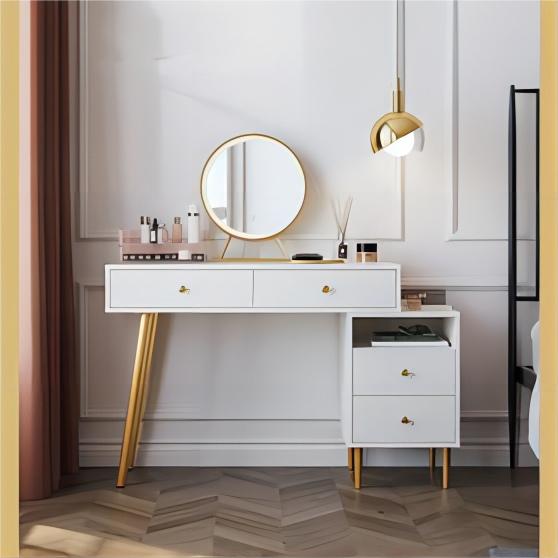 Täisvalgest tammepuidust kaasaegne kokkutõmmatud tualettlaud, suur lauaplaat ja peegel, soonega käepide, suur tõmmis