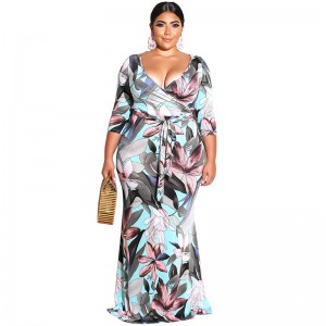 2021 Ħarifa Ewropea U Amerikana Moda Nisa Bohemian V Neck Stampa Plus Size Dress Long