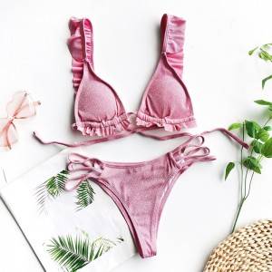 TP830044 billige Fabrik direkt sexy Bikini Großhandel 4 einfarbig glänzende gekräuselte Mädchen Badeanzüge 2021