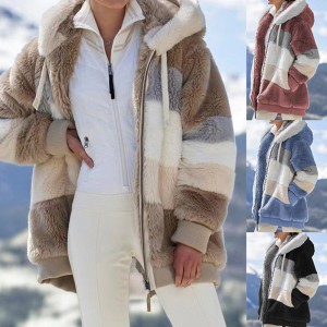 2021 hete verkoop nieuwe herfst en winter losse pluche veelkleurige jas met capuchon dames