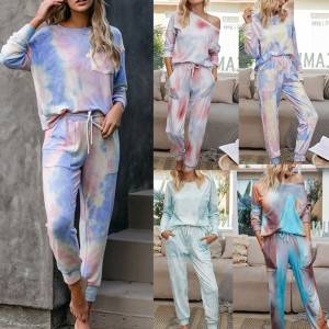 Women’s Pajama Set Tie Dye Casual 2-piece Pajama Long Sleeve Pullover Top Long Pants Pocket Jogging Pants