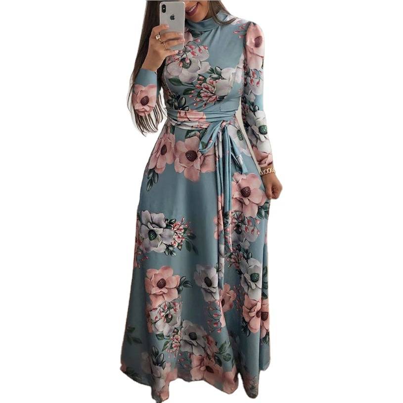 DR80041 OEM plus size o hals Elastische taille casual maxi satijn lange mouw elegante bloemen bodycon bandage jurk voor lente herfst