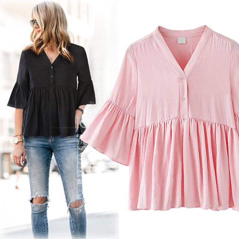 BL80079 2021 Boutique Zoete roze witte ruche V-hals knop los casual plus size flare dames blouse & tops