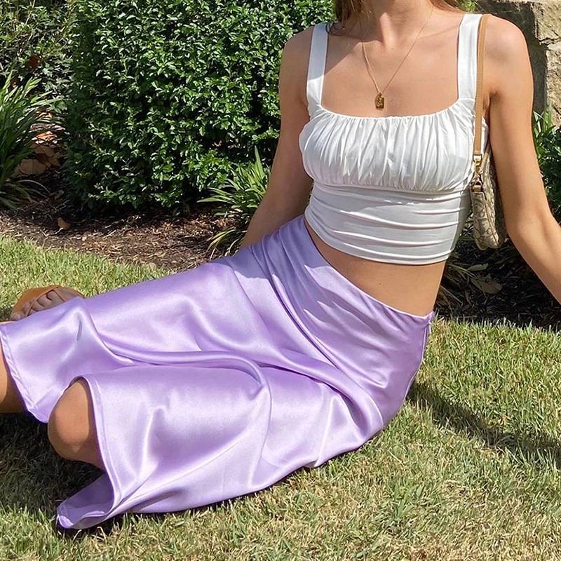 SK870001 Bag-ong Pag-abot 2021 Mga Babaye nga Vintage Violet High Waist A-Line Popular Satin Skirts Para sa Ting-init sa Tingpamulak
