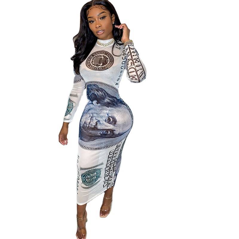 DR80095 Women's 2021 spring new screen dollar Printed Long Sleeve round neck sexy dress