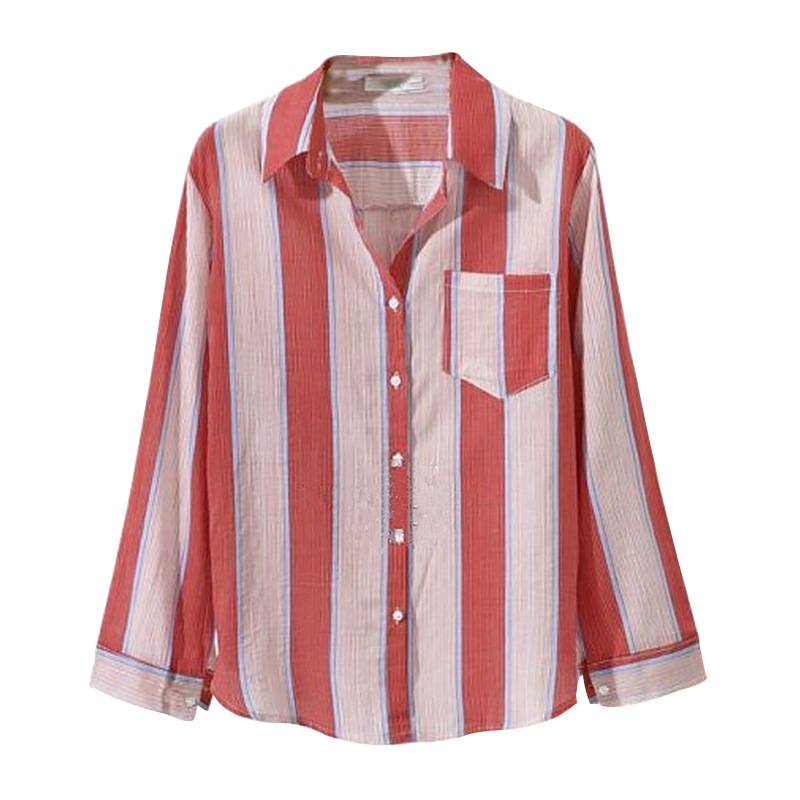 BL80092 Hot sale nga bag-ong nangabot nga babaye nga bulsa nga blusa nga chiffon striped pink nga blusa