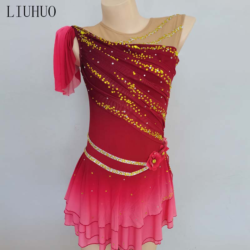 Egyedi gyermek lányok műkorcsolya bemutató ruha Felnőtt verseny korcsolya ruha ujjatlan hálós ruha Versenyző ruha piros
