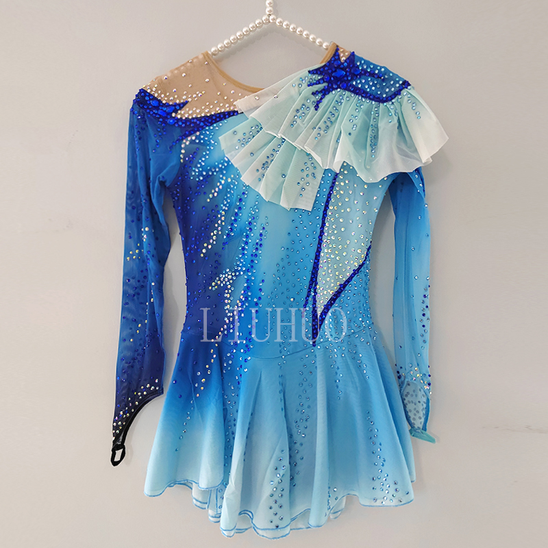 Vestido de patinaje artístico, vestido de espectáculo, vestido de competición personalizado para niños y adultos, vestido competitivo azul con diamantes de imitación
