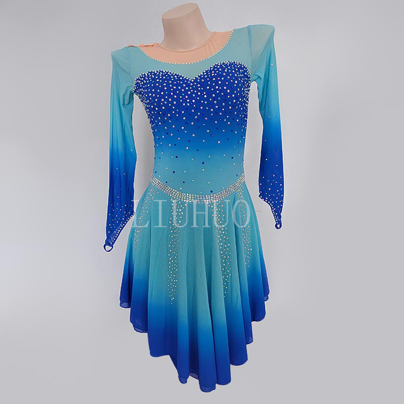 Natjecateljska haljina dugih rukava za umjetničko klizanje prilagođena dječja haljina za odrasle Natjecateljsko odijelo plavo