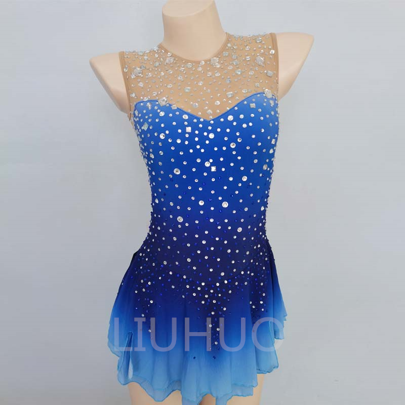 Vestido de patinaje artístico personalizado vestido de gimnasia vestido de patinaje vestido de patinaje competitivo vestido azul sin mangas