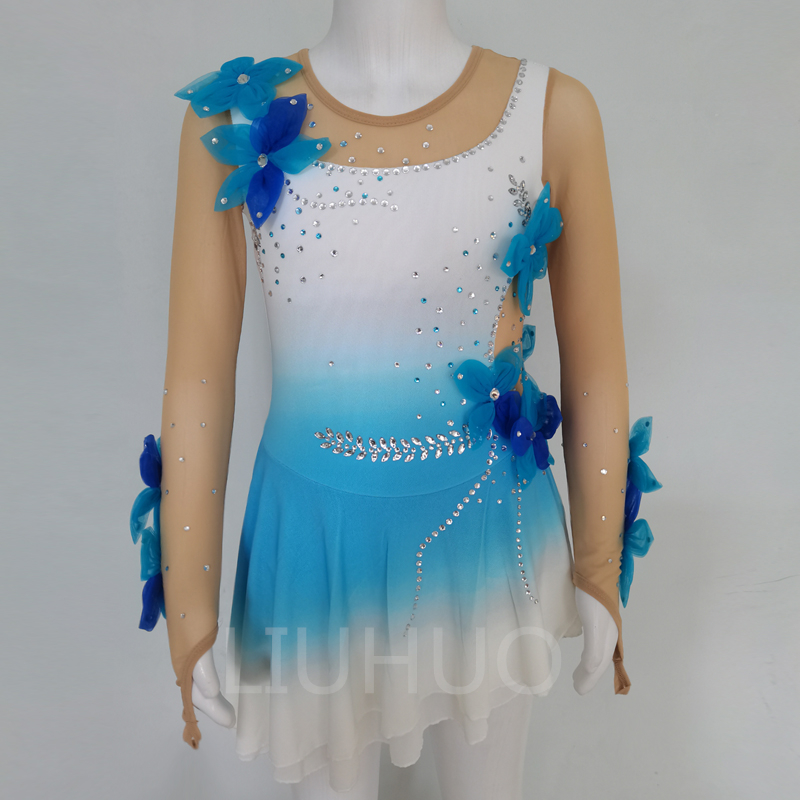 Скејт фустан гимнастички фустан прилагодено сино уметничко лизгање покажуваат производители на фустани директен фустан за лизгање натпреварувачки фустан со газа