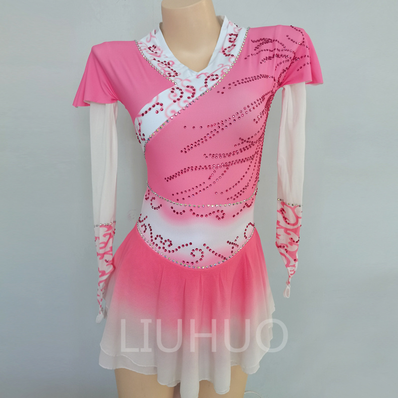 Πολυτελές λεπτό φόρεμα καλλιτεχνικού πατινάζ με μακρυμάνικο ροζ ντεγκραντέ Full Drill Show Competition Girl