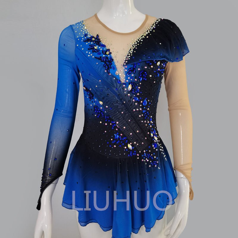 LIUHUO Vestito di pattinaggio artistico per ragazza, gonna in rete stampata blu, spettacolo di formazione, strass brillanti