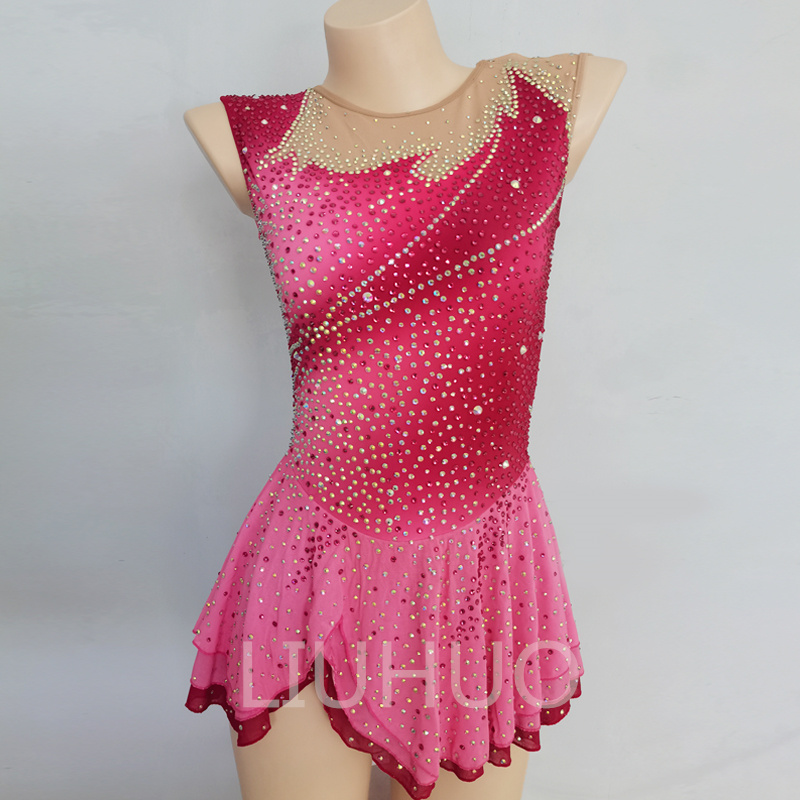 LIUHUO Red Color Figura Skating Dress Fuchsia Gradient Skirt Diamond Show Competition Girl Sleeveless