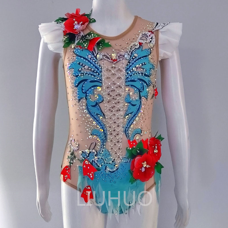 טייץ התעמלות אומנותית הדפס פרח אדום רשת התעמלות בגד גוף תחפושות תחרות התעמלות בגד תחרות התעמלות