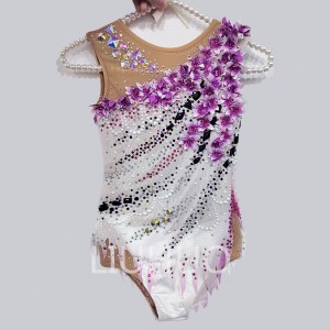 Rytmický gymnastický trikot súťaž Tanečný umelecký kostým Bez rukávov ružový kvetinový gymnastický oblek