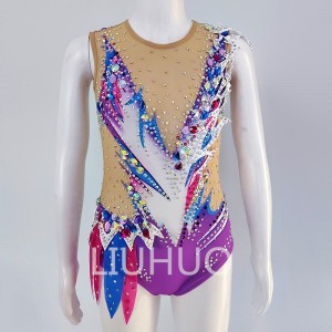 Hersteller direkt lila Gymnastikbekleidung ärmellose Mesh-Kunstturnstrumpfhosen können individuell angepasst werden