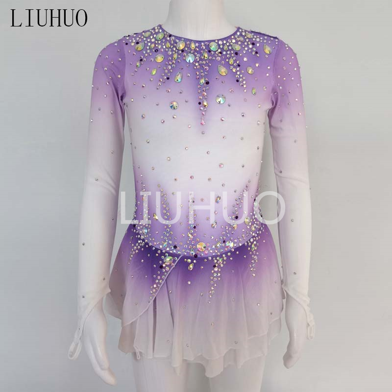 Vestido de patinaje artístico púrpura, vestido de espectáculo, vestido de patinaje, vestido de competición personalizado para adultos, material de malla competitivo