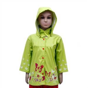 Bērnu lietusmētelis dzeltens ar kapuci modes dizaina ūdensizturīgs PU videi draudzīga oeko kvalitāte