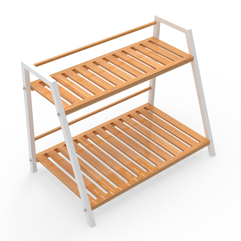 Bamboo trapezoidal rack rack ເຄື່ອງເທດສອງຊັ້ນສໍາລັບການເກັບຮັກສາອາຫານເຮືອນຄົວທີ່ແນະນໍາຮູບພາບ