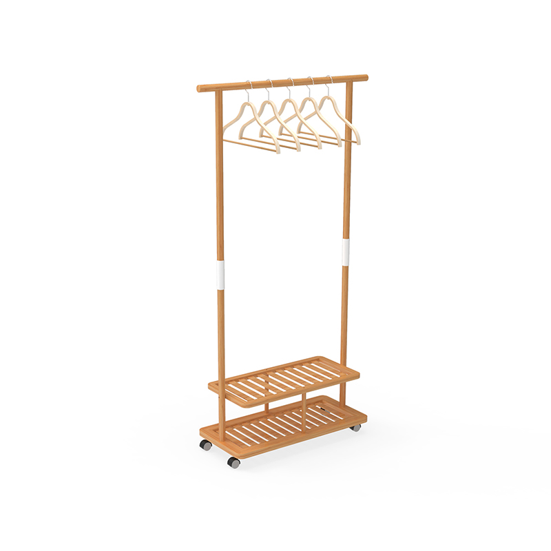 Bamboo hanger storage rack with hanging rods and two-layer shelves