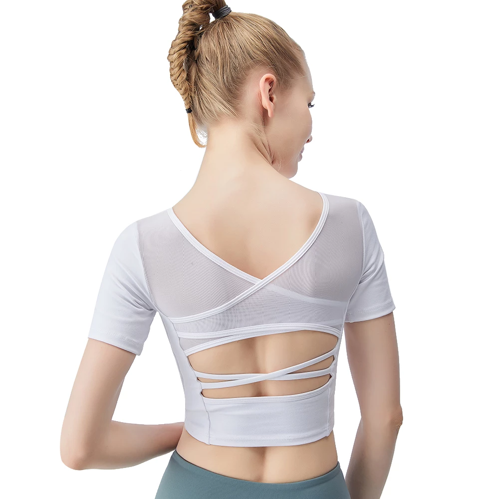 Workout Tank Top With Built In Bra Women Nylon Mesh Cross Back Stretch Slim Running Gym Yoga Sports Crop Top T Shirt For Fitnes