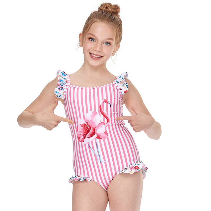 Girls Swimsuit Flamingo Printed One Piece Girls Bathing Suit High Quality Kids Beach Wear Classical Stripe With Ruffle Featured Image