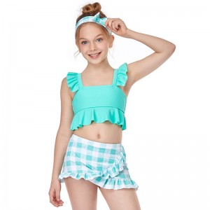 Girls Swimsuit Swimsuit Ruffle Style Two Piece Children’s Swimwear Checked Printed Swimsuit For Girl Bathing Suit 164