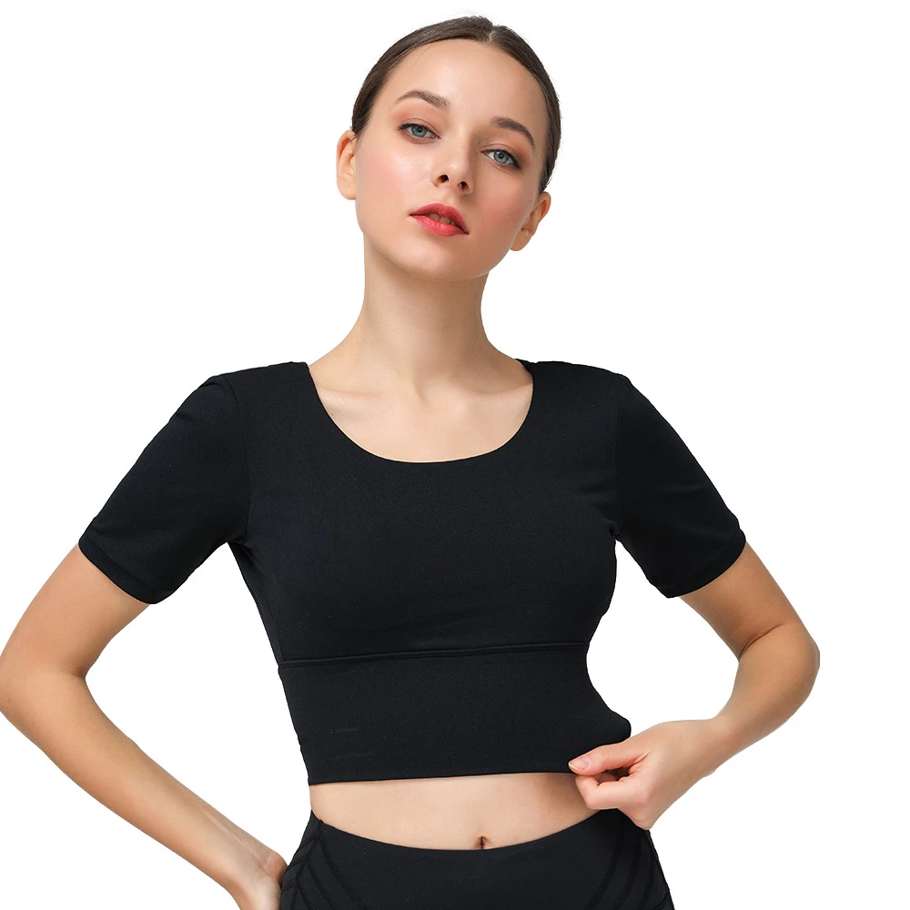 Crop Top Women Yoga T-Shirt For Fitness Cross Straps Backless Solid Nylon Sport Female Gym Top Female Workout Padded Short Shirts