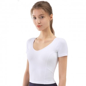 Yoga Shirts Women Crop Top For Fitness Nylon V Neck Solid Slim Stretch Gym Jogging Yoga Workout Short Sleeve Sport T-Shirt