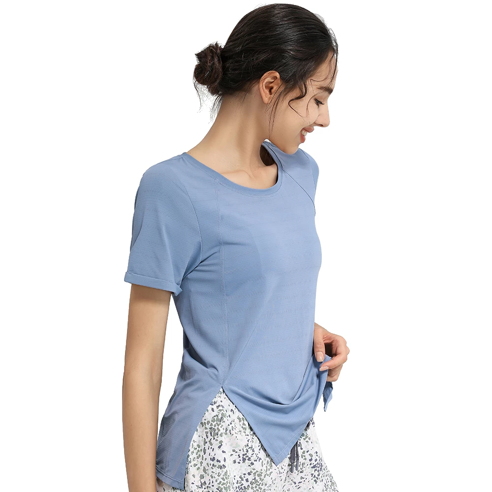 Fitness Shirts Woman Sport Blouse Slit Nylon Mesh Breathable Solid Loose Gym Jogging Yoga Workout Short Sleeve T-Shirt