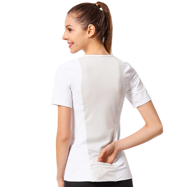 Sporty Top Woman Short-Sleeve T-Shirt For Fitness Yoga Shirt Nylon Back Pocket Mesh Breathable Dry Fit Jogging Female Gym Top Featured Image