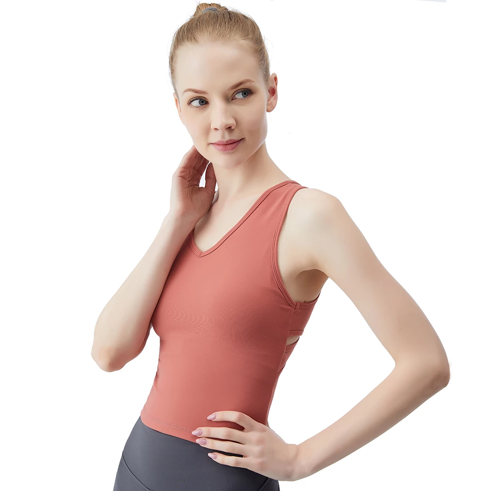 Fitness Bra Top Padded Nylon Solid V Neck Cross Back Slim Yoga Underwear Sports Wear Running Sleeveless Shirt Female Athletic Top