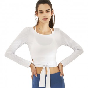 Yoga Shirts Crop Top For Fitness Women Sport T-Shirt Polyester Cozy Round Neck Bandage Gym Female Long Sleeve Sports Top Female
