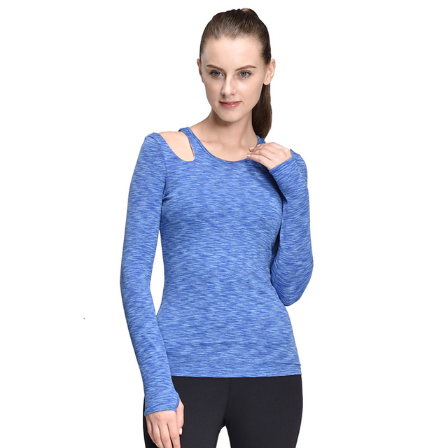 Women Long Sleeve Bare Shoulder T-Shirt Running Tights Sexy Slim Nylon Dry Fit Stretch Sport Yoga Tank Tops with Bra Featured Image