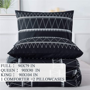 Juoda Boho antklodė, 3 dalys (1 trikampis geometrinis dryžuotas antklodė + 2 pagalvių užvalkalai), minkštas mikropluošto pilkas Bohemian pūkų alternatyvus antklodės įdėklas