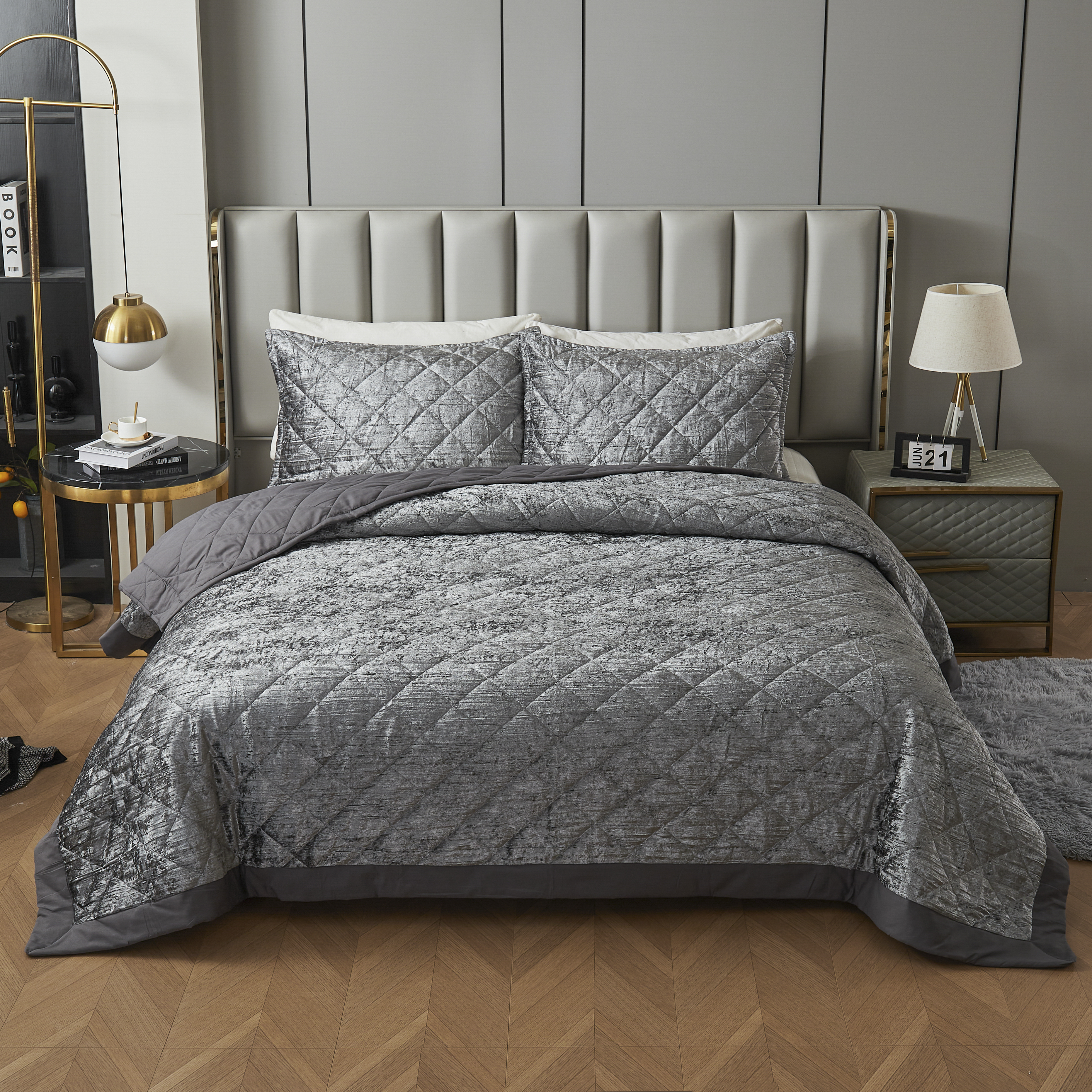 LUCKYBULL Gray Korean Velvet Quilt Set, 3 Pieces Luxury Textured Soft Bedspread with 2 Pillowcases, Reversible Coverlet Set for All Season