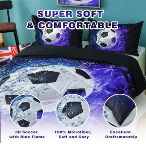 Soccer Comforter, 3 Pieces (1 Soccer Comforter, 2 Pillowcase) Blue Flame Soccer Comforter Set ឈុតពូកកីឡា Microfiber សម្រាប់ក្មេងប្រុស ក្មេងជំទង់