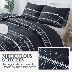Black Boho Comforter, 3 Pieces (1 Triangle Geometric Striped Comforter+2 Pillowcases), Soft Microfiber Grey Bohemian Down Alternative Comforter Set Duvet Insert