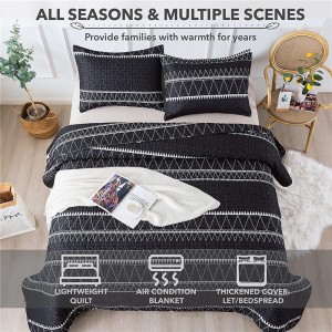 3 ka piraso(1 Striped Triangle Pattern Quilt ug 2 Pillowcases), Bohemian Reversible Bedspread Microfiber Coverlet Sets All-Season