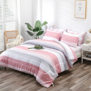 Luckybull Stripe Comforter Set King Size (104×90 Inch), 3 Pieces Pink and White Patchwork Striped Comforter, Soft Microfiber Down Alternative Comforter Bedding Set with Corner Loops