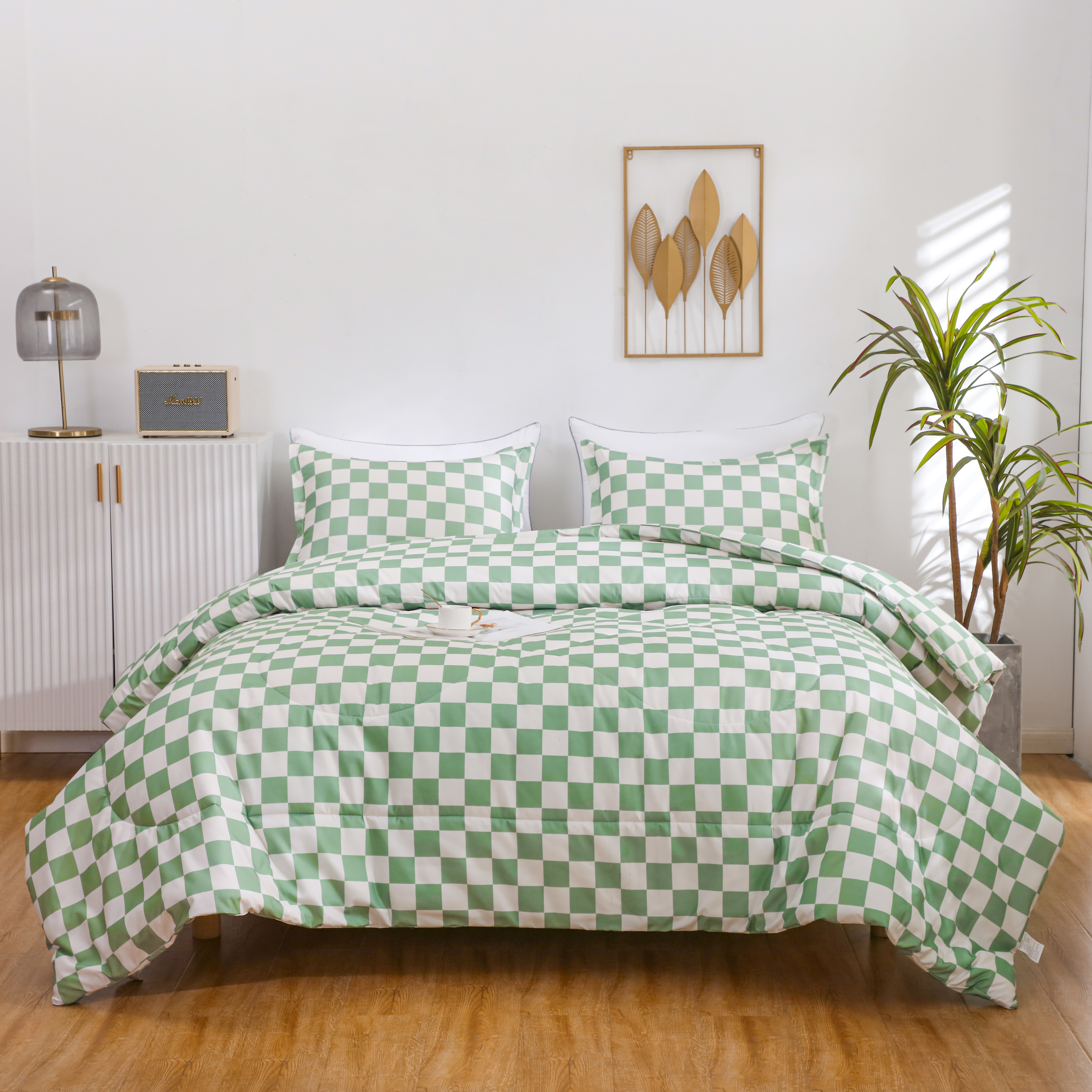 LUCKYBULL Full Comforter Հավաքածու 3 կտորից Fluffy Անկողնային Հավաքածու Sage Green Checkerboard Grid Down Alternative Comforter, վանդակավոր վանդակավոր փափուկ մխիթարիչ 2 բարձի երեսներով ամբողջ սեզոնին, Կանաչ բեժ
