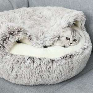 Anti-Slip Round Plush Fluffy Washable Hooded Cat Bed Cave