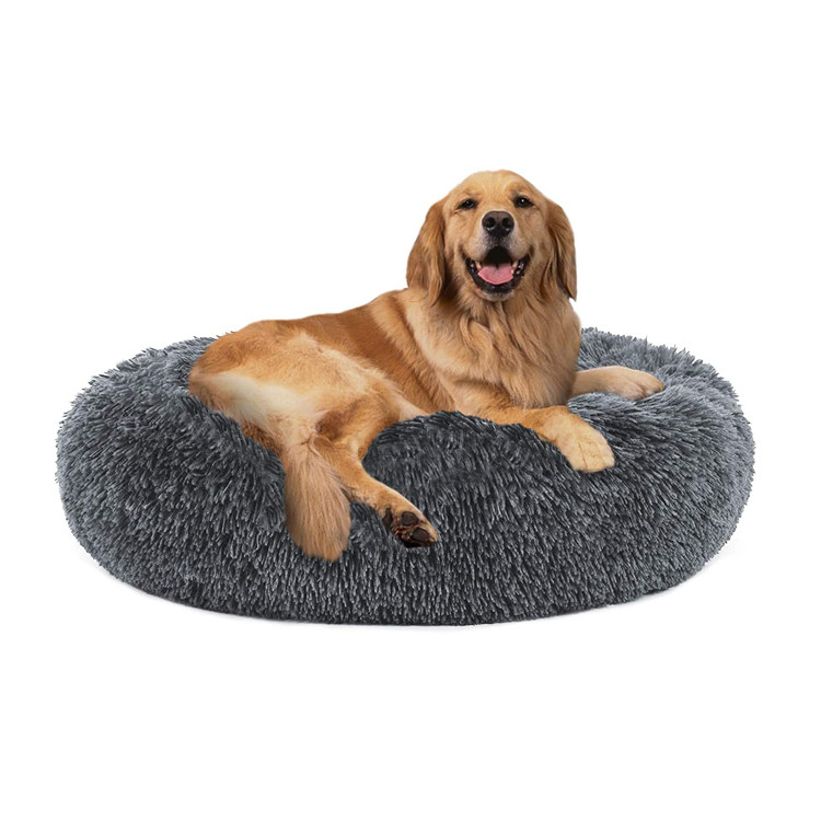 Най-удобното сиво кръгло легло за успокояване на кучета и домашни любимци