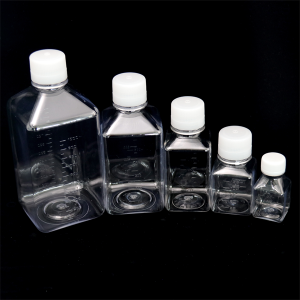 Fjouwerkante PET-mediaflessen serumfleske: sterile, krimpferpakte trays